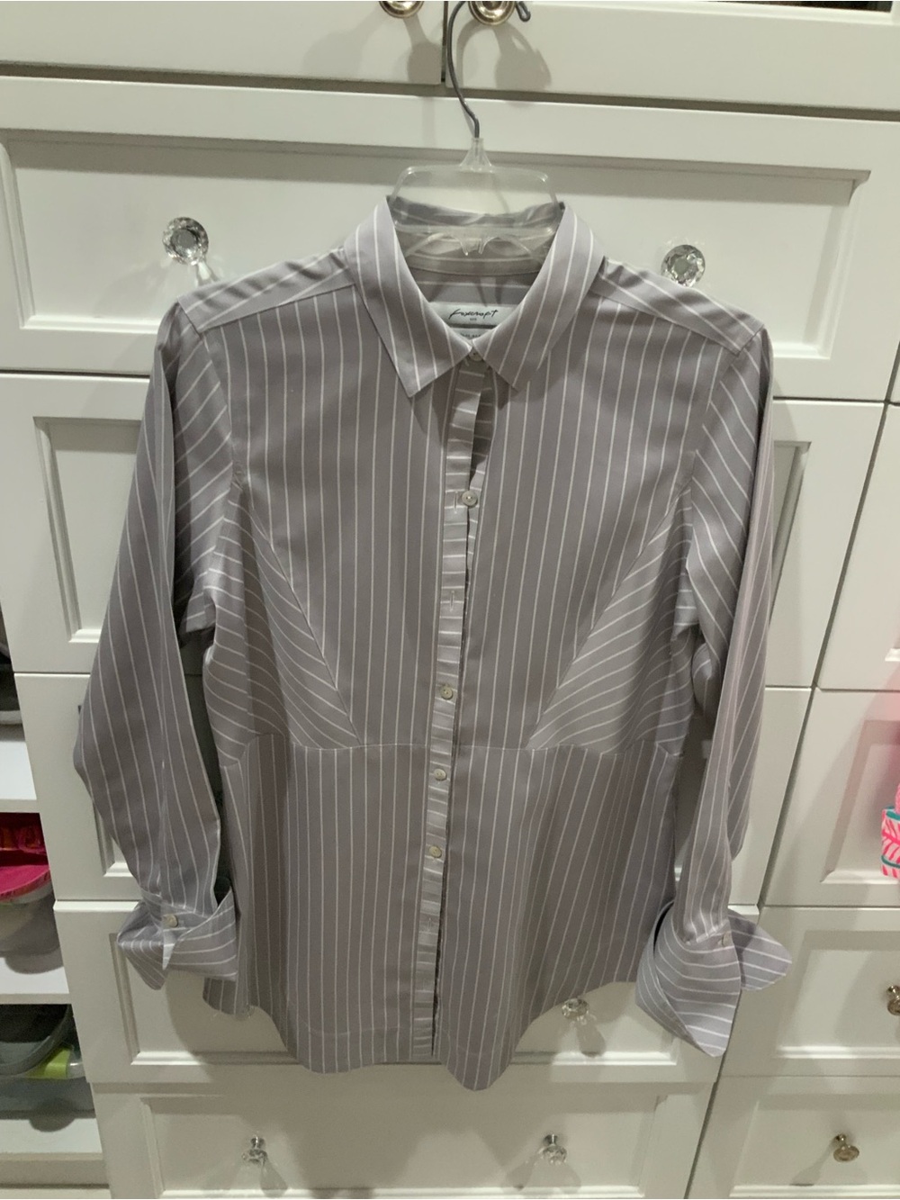 Foxcroft Gray and White Stripe Button-Up Shirt